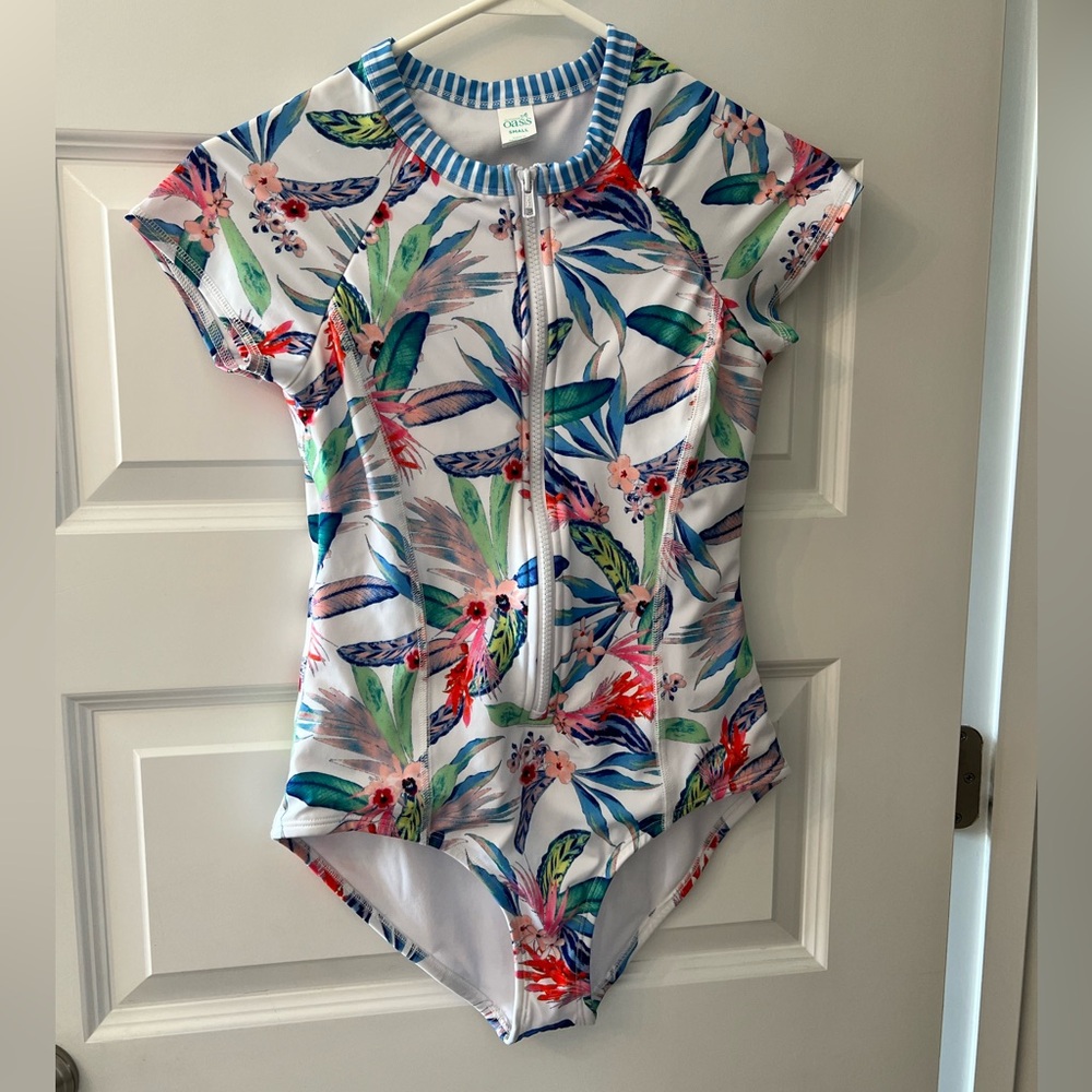 Tropical Floral One Piece Swimsuit - White and Blue